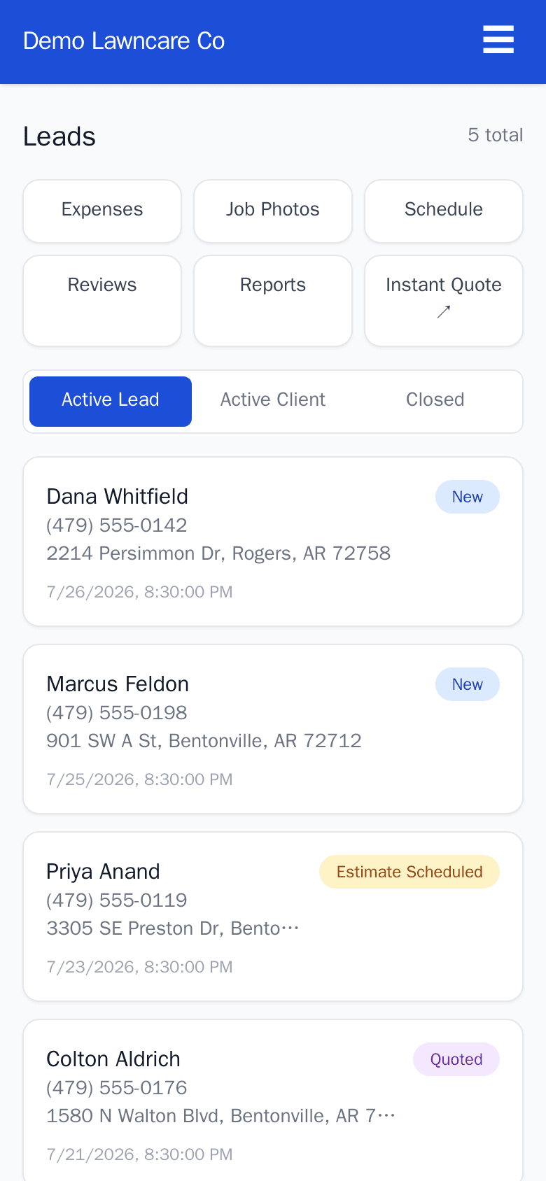 TradeAdmin lead dashboard on a phone, showing Active Lead / Active Client / Closed tabs