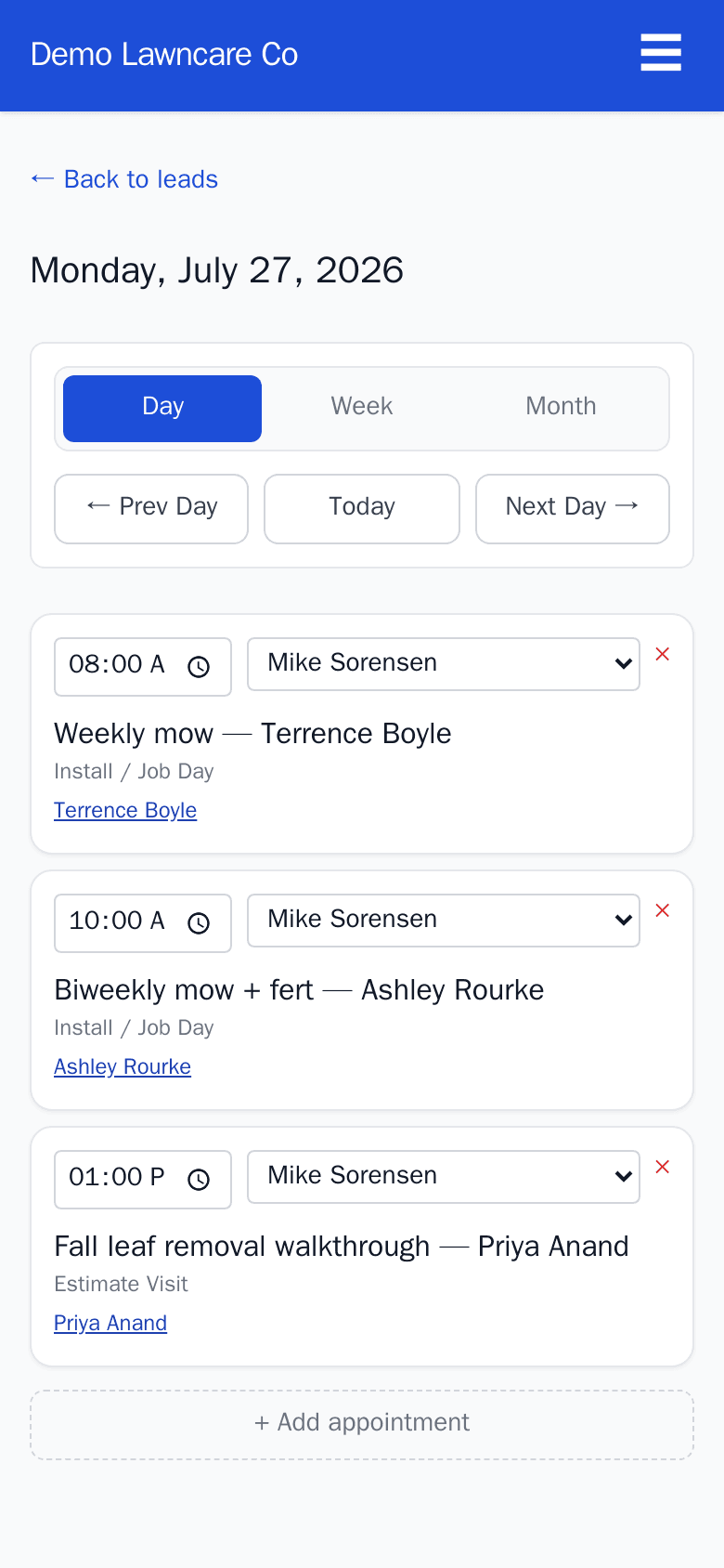 TradeAdmin dispatch schedule Day view on a phone, showing real appointments